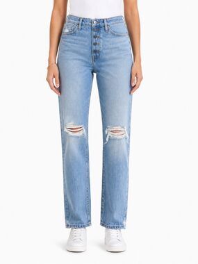 FRAME Le Easy Jeans Limelight Distressed Button Straight Leg Denim Jeans Size 31
